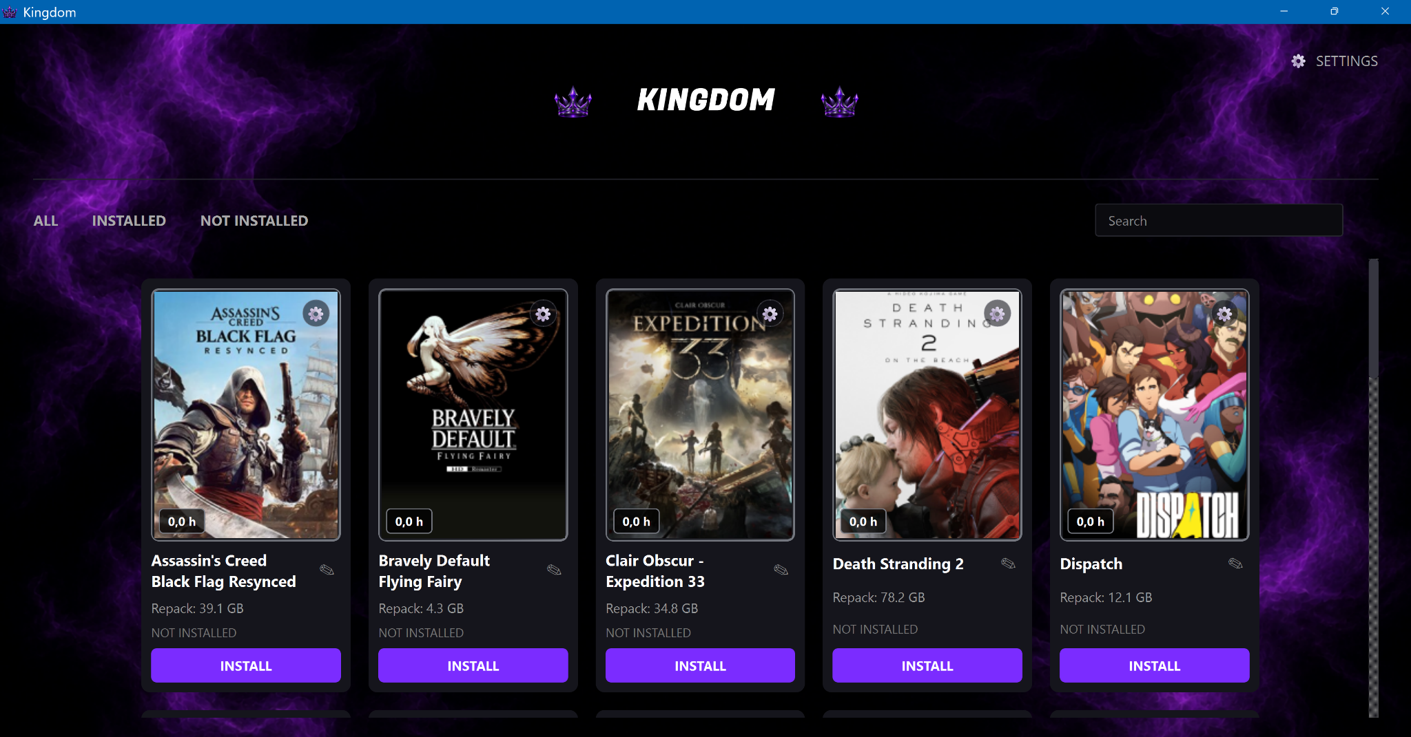 Schermata dell'interfaccia di Kingdom con la collezione giochi